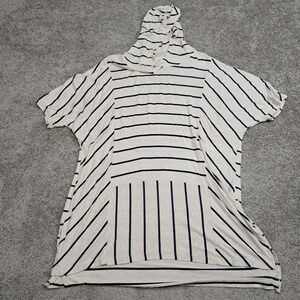 Zenergy by Chicos Womens Size 3 Striped Hooded Tunic Top Cream Navy Blue 6923